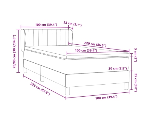 Cama box spring con colchón terciopelo gris claro 100x220 cm