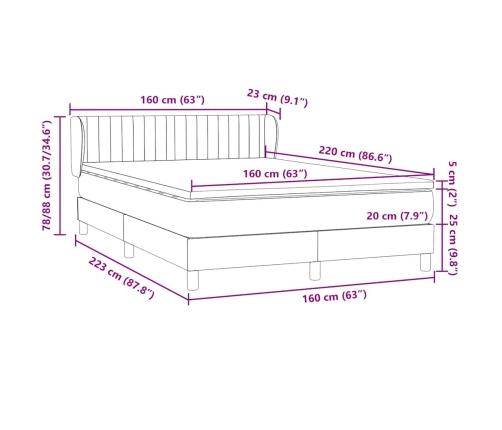 Cama box spring con colchón terciopelo gris oscuro 160x220 cm