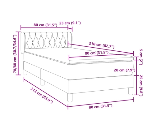 Cama box spring con colchón terciopelo gris claro 80x210 cm