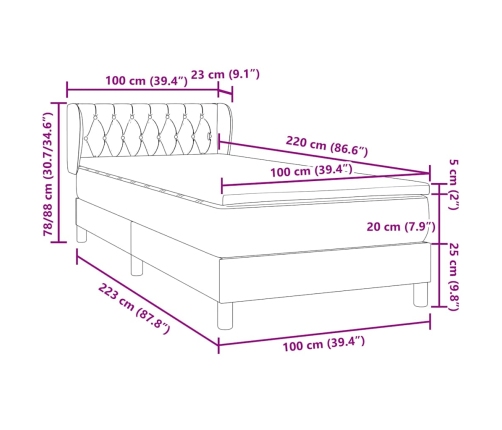 Cama box spring con colchón terciopelo gris claro 100x220 cm