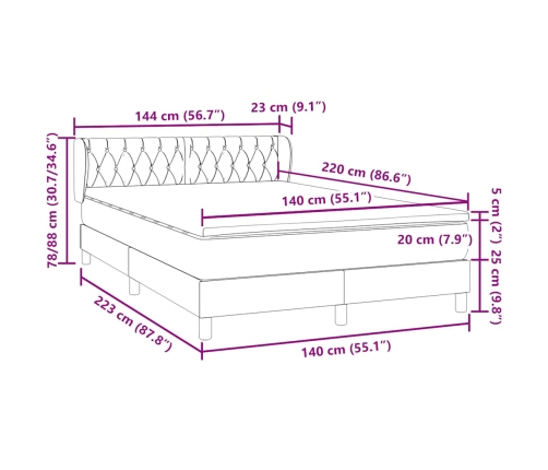 Cama box spring con colchón terciopelo gris oscuro 140x220 cm