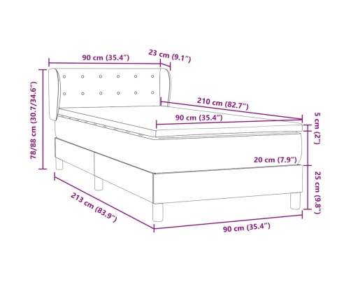 Cama box spring con colchón terciopelo gris claro 90x210 cm