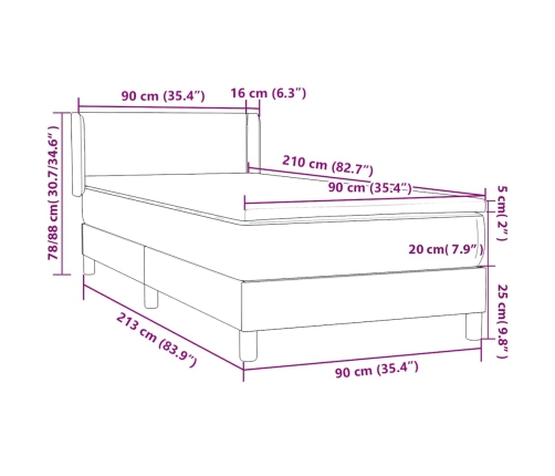 Cama box spring con colchón terciopelo gris claro 90x210 cm