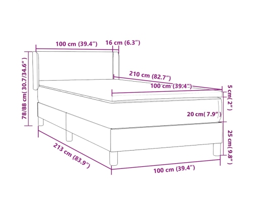 Cama box spring con colchón terciopelo gris claro 100x210 cm