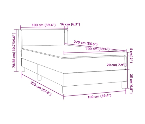 Cama box spring con colchón terciopelo gris claro 100x220 cm