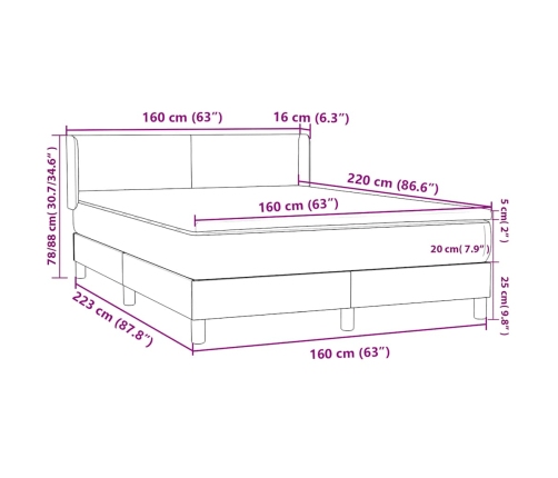 Cama box spring con colchón terciopelo gris claro 160x220 cm