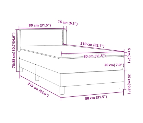 Cama box spring con colchón terciopelo gris claro 80x210 cm