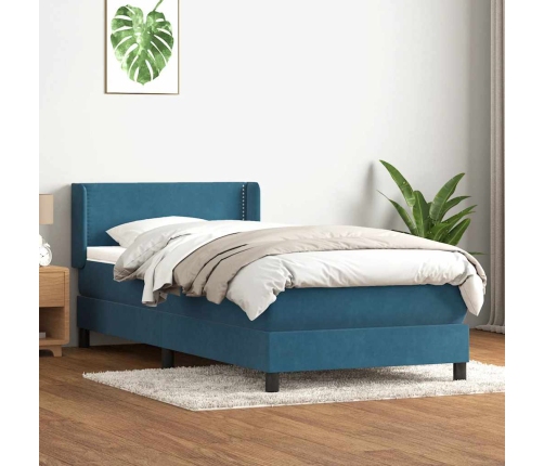 Cama box spring con colchón terciopelo azul oscuro 90x210 cm