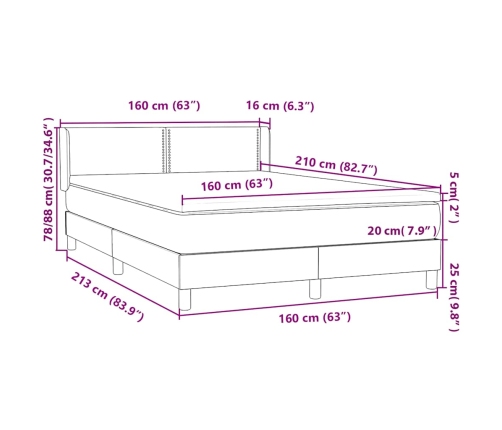 Cama box spring con colchón terciopelo gris oscuro 160x210 cm