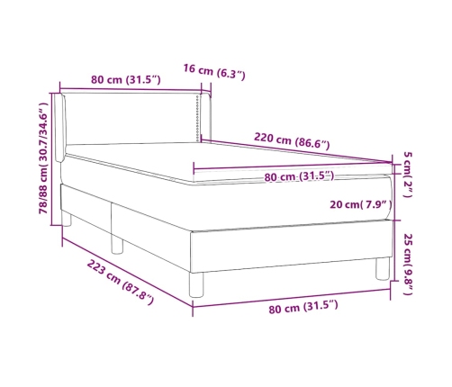 Cama box spring con colchón terciopelo gris claro 80x220 cm