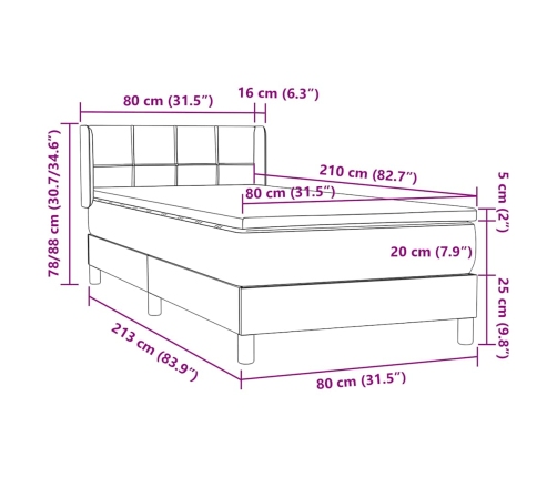 Cama box spring con colchón terciopelo gris claro 80x210 cm