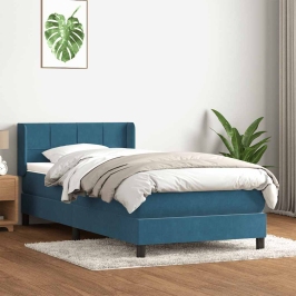 Cama box spring con colchón terciopelo azul oscuro 90x210 cm