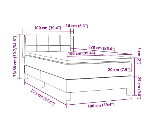 Cama box spring con colchón terciopelo gris oscuro 100x220 cm