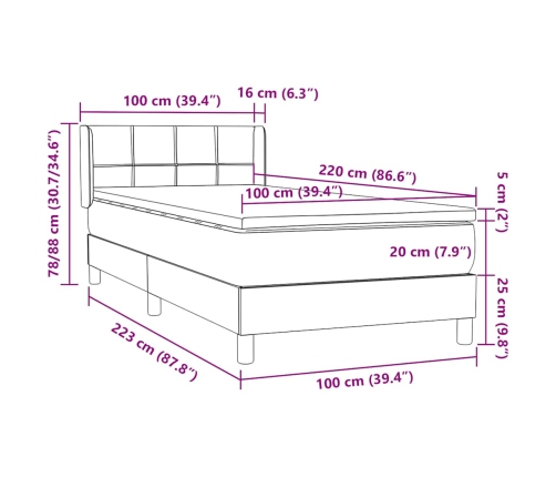 Cama box spring con colchón terciopelo verde oscuro 100x220 cm