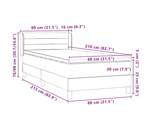 Cama box spring con colchón terciopelo gris claro 80x210 cm