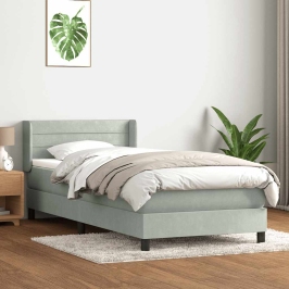 Cama box spring con colchón terciopelo gris claro 90x210 cm