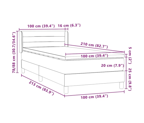 Cama box spring con colchón terciopelo gris oscuro 100x210 cm