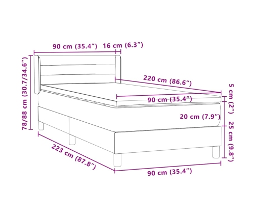 Cama box spring con colchón terciopelo gris claro 90x220 cm