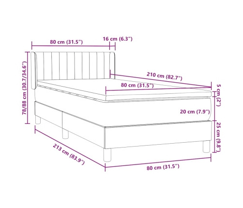 Cama box spring con colchón terciopelo gris claro 80x210 cm