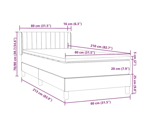 Cama box spring con colchón terciopelo gris oscuro 80x210 cm