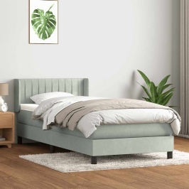 Cama box spring con colchón terciopelo gris claro 90x210 cm