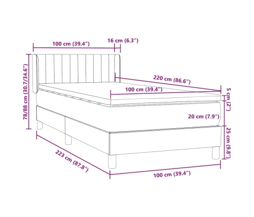 Cama box spring con colchón terciopelo gris oscuro 100x220 cm