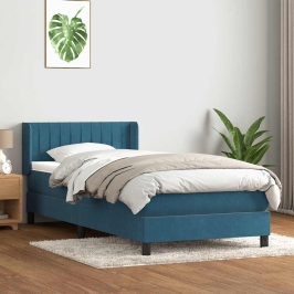 Cama box spring con colchón terciopelo azul oscuro 100x220 cm