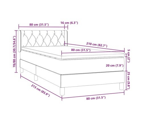 Cama box spring con colchón terciopelo gris claro 80x210 cm