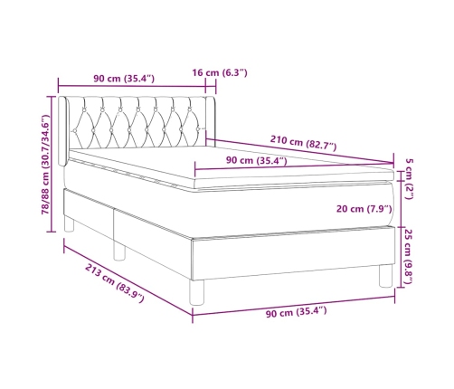 Cama box spring con colchón terciopelo gris oscuro 90x210 cm