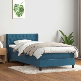 Cama box spring con colchón terciopelo azul oscuro 90x210 cm