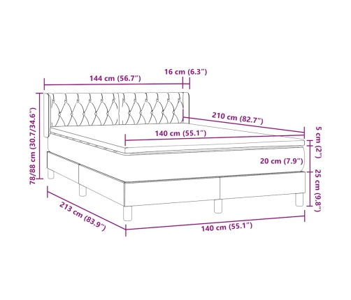 Cama box spring con colchón terciopelo gris claro 140x210 cm