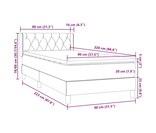 Cama box spring con colchón terciopelo azul oscuro 80x220 cm