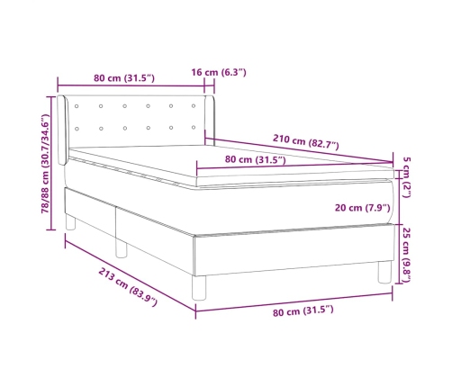 Cama box spring con colchón terciopelo gris claro 80x210 cm