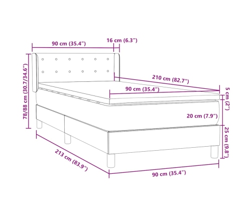 Cama box spring con colchón terciopelo gris oscuro 90x210 cm