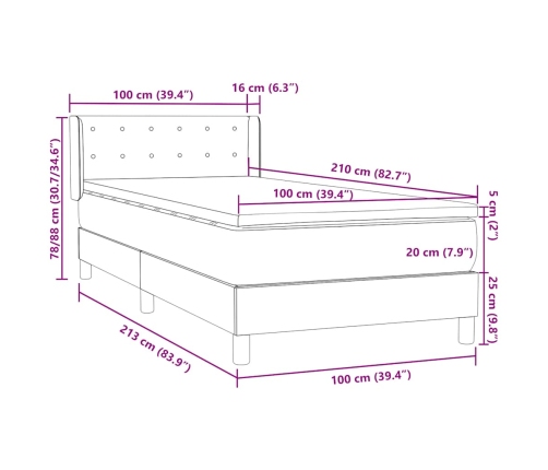 Cama box spring con colchón terciopelo negro 100x210 cm