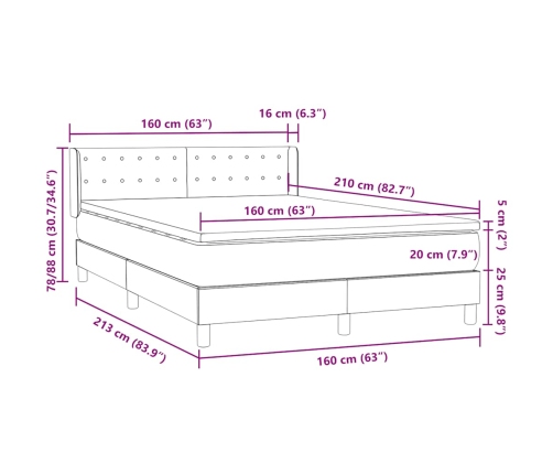 Cama box spring con colchón terciopelo gris claro 160x210 cm