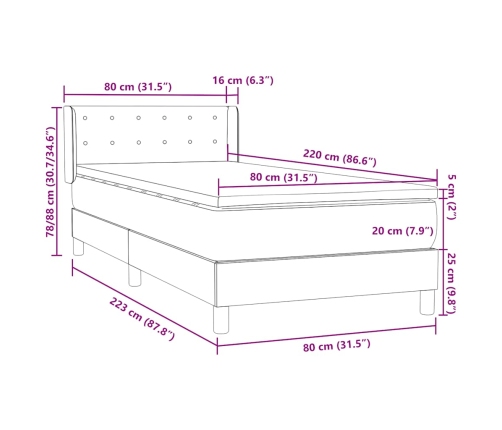 Cama box spring con colchón terciopelo azul oscuro 80x220 cm