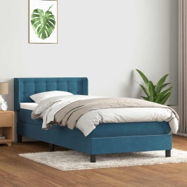 Cama box spring con colchón terciopelo azul oscuro 80x220 cm