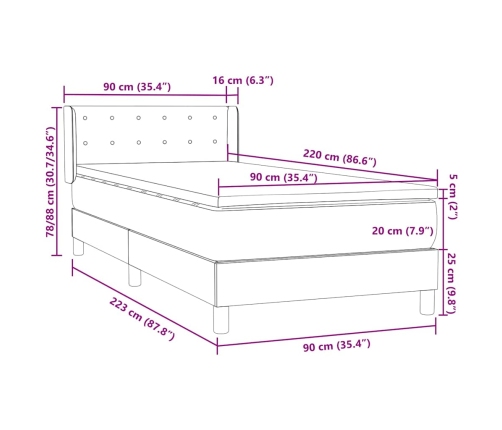 Cama box spring con colchón terciopelo gris oscuro 90x220 cm