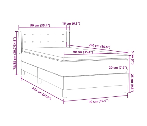 Cama box spring con colchón terciopelo negro 90x220 cm