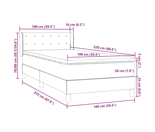 Cama box spring con colchón terciopelo rosa 100x220 cm