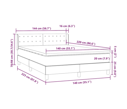 Cama box spring con colchón terciopelo gris claro 140x220 cm