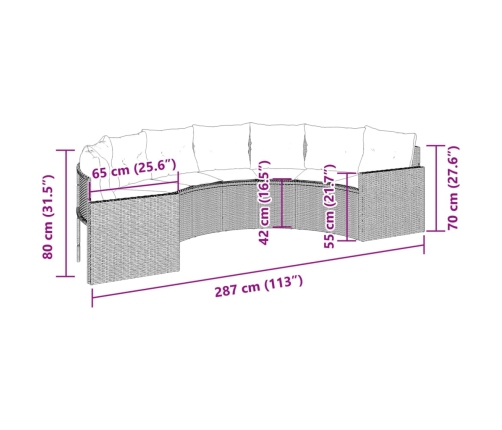 Sofá de jardín semicircular con cojines ratán sintético negro