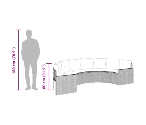 Sofá de jardín semicircular con cojines ratán sintético negro