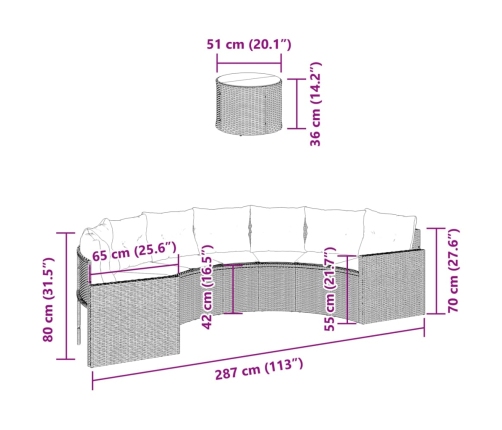 Sofá de jardín semicircular con mesa y cojines ratán PE negro