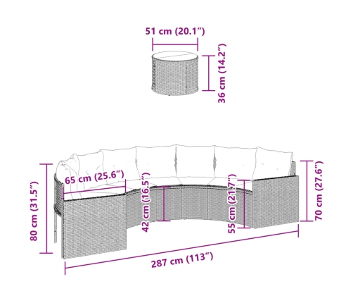 Sofá de jardín semicircular con mesa y cojines ratán PE gris