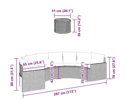 Sofá de jardín semicircular con mesa y cojines ratán PE negro