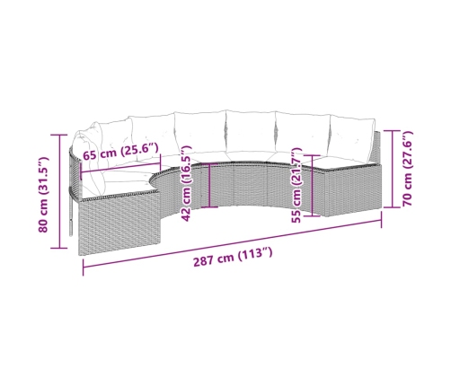 Sofá de jardín semicircular con cojines ratán sintético negro