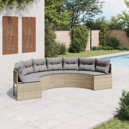 Sofá de jardín semicircular con cojines ratán sintético beige