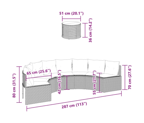 Sofá de jardín semicircular con mesa y cojines ratán PE negro